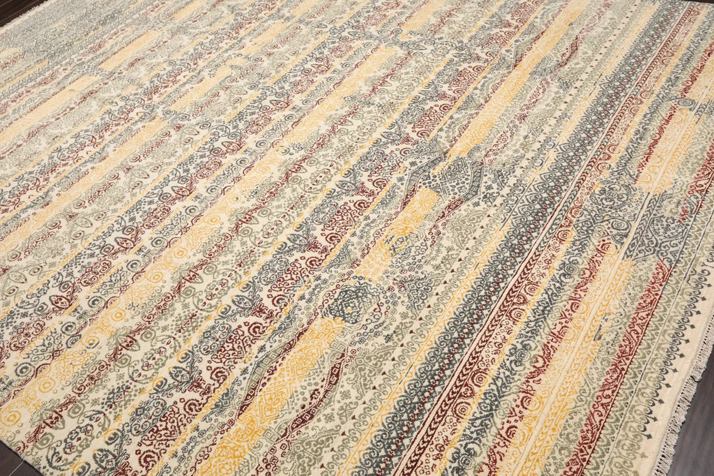 8x10 Ivory, Blue Hand Knotted 100% Wool Peshawar Transitional Oriental Area Rug