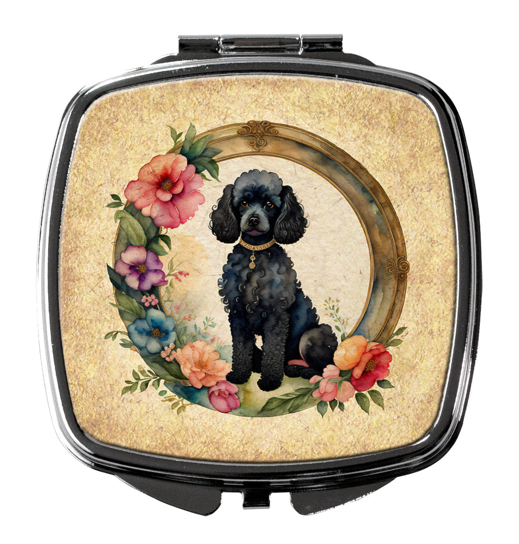 Black Poodle and Flowers Compact Mirror
