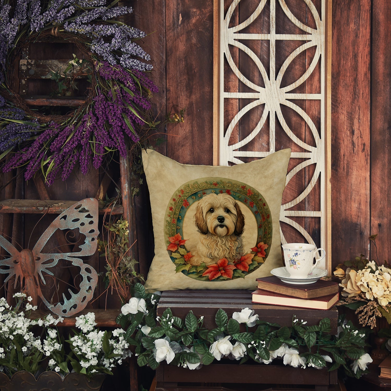 Havanese Christmas Flowers Throw Pillow