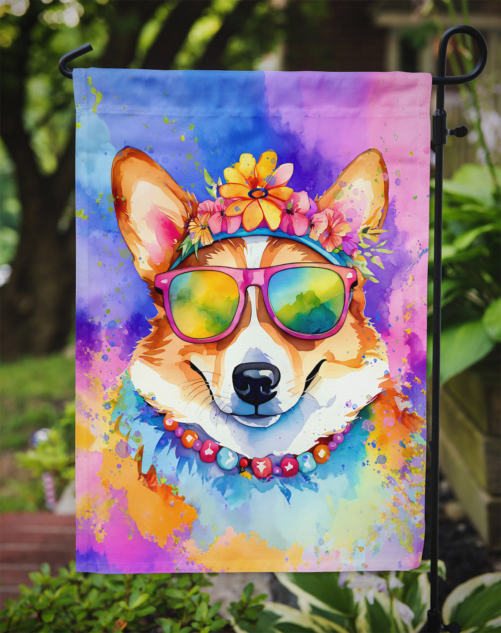 Corgi Hippie Dawg Garden Flag