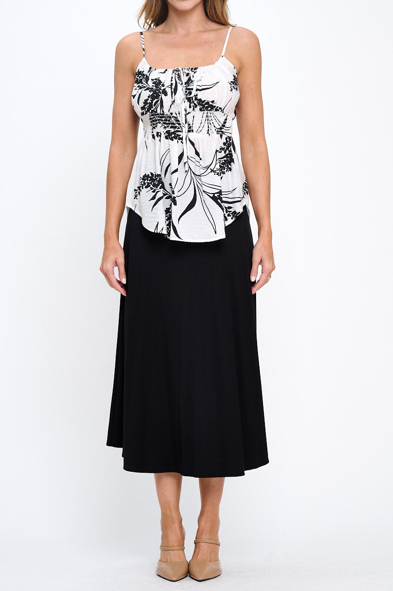Leaf Print Spaghetti Strap Top with Smock Detail